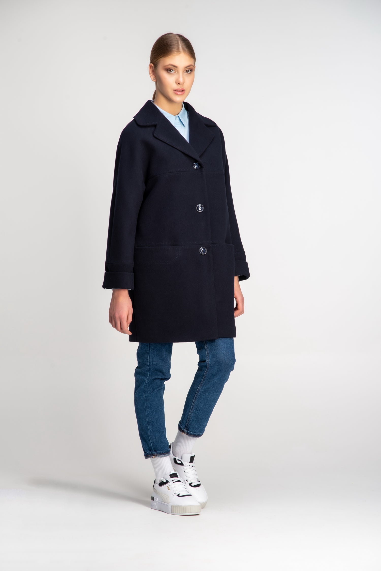Mid Length Cashmere Wool Coat in Black
