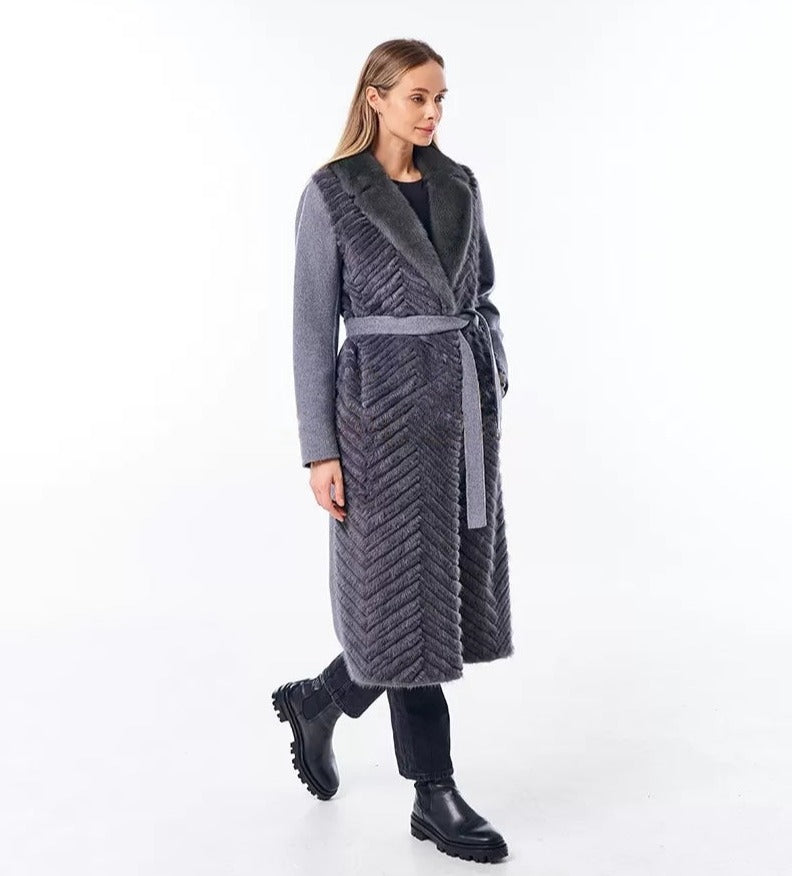 Genuine Mink Fur Rex Fur Trim Virgin Wool Coat