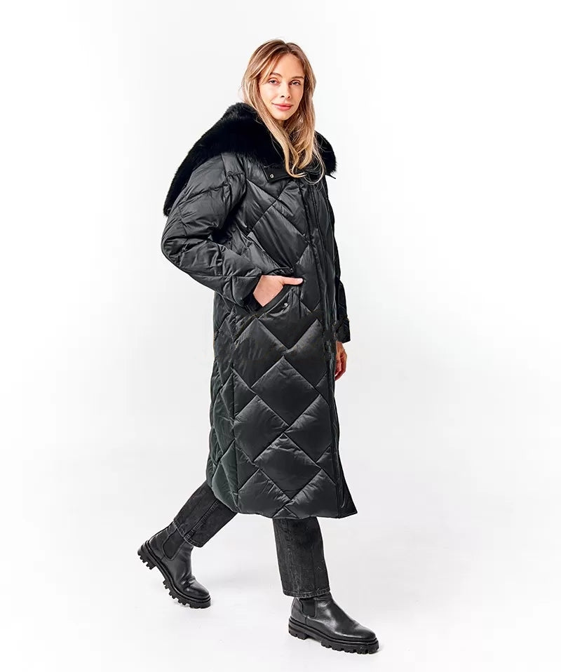 Genuine Polar Fox Fur Collar-Hood Down Winter Coat