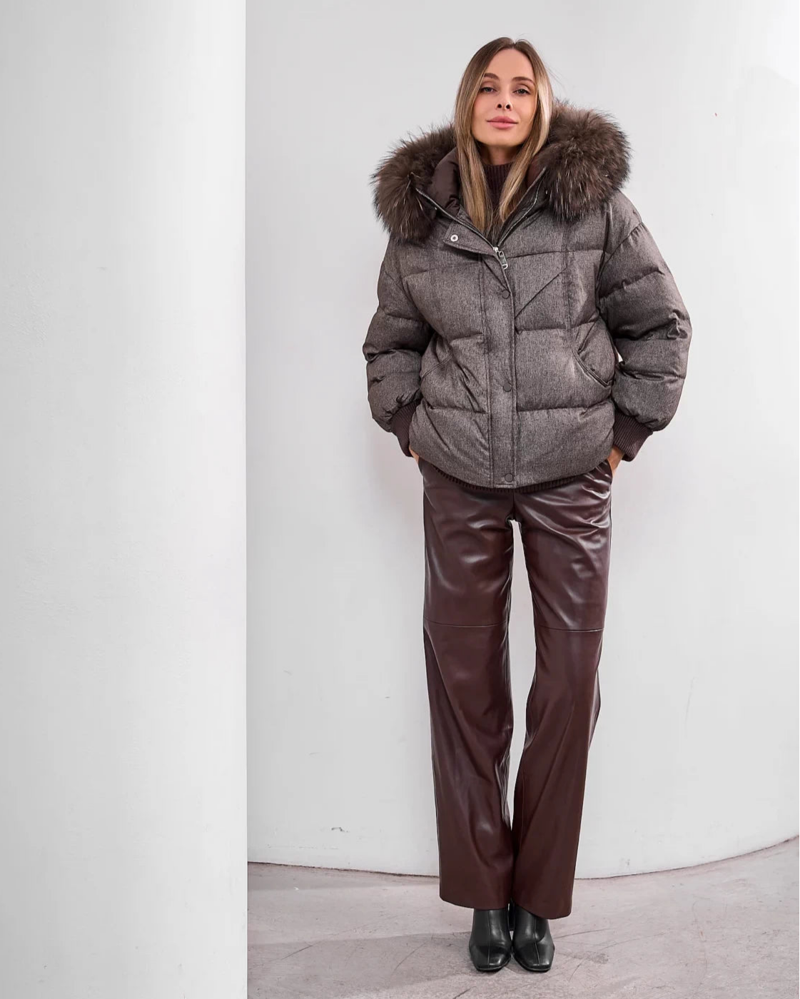 Remi Genuine Fur Trim Down Fill Jacket in Umber