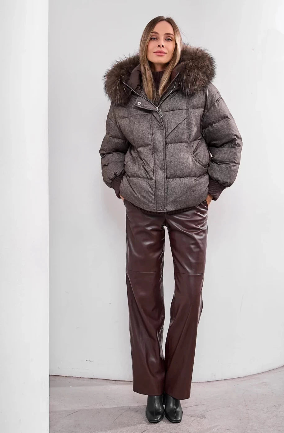 Remi Genuine Fur Trim Down Fill Jacket in Umber