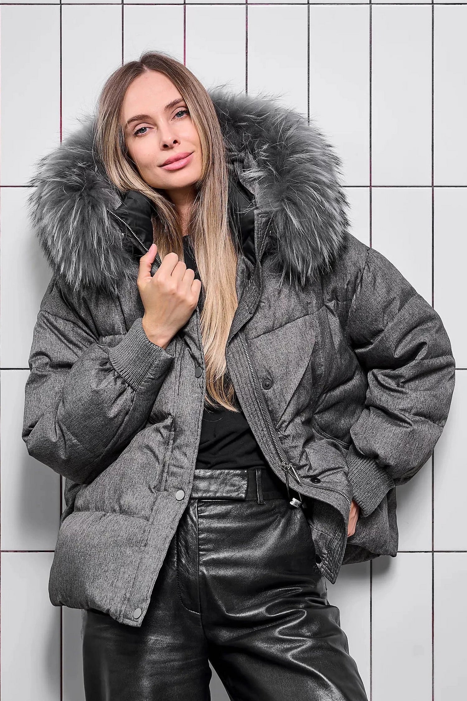 Remi Genuine Fur Trim Down Fill Jacket in Dark Grey