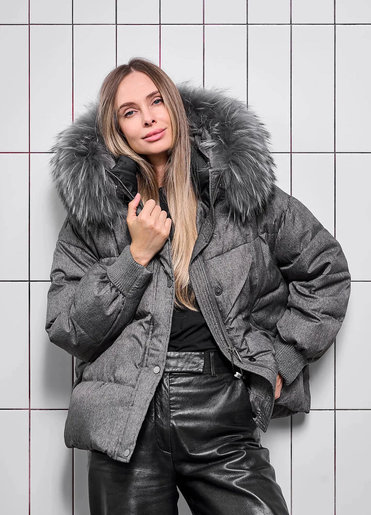 Remi Genuine Fur Trim Down Fill Jacket in Dark Grey