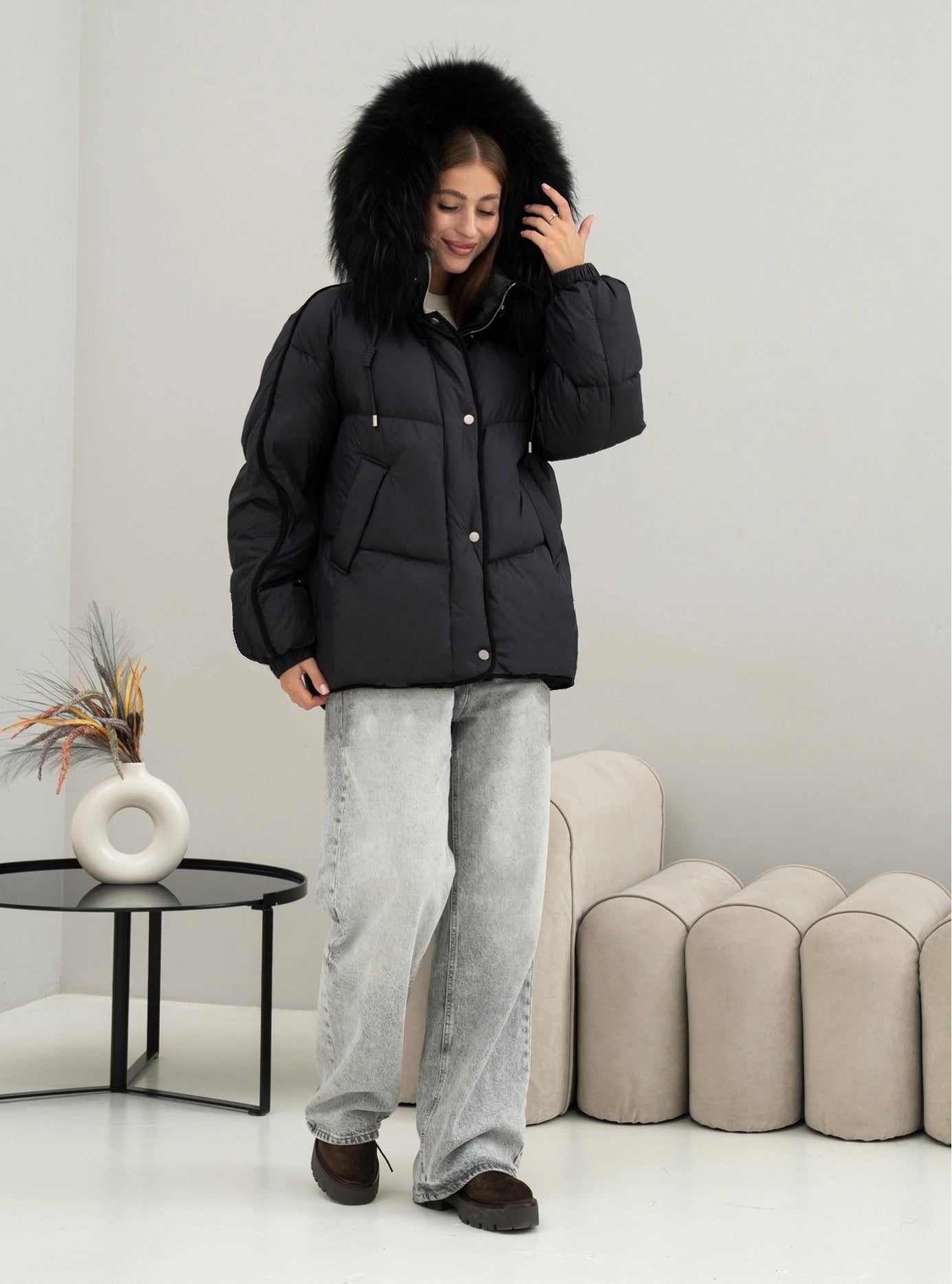 Ember Genuine Fur Trim Down Fill Jacket in Black