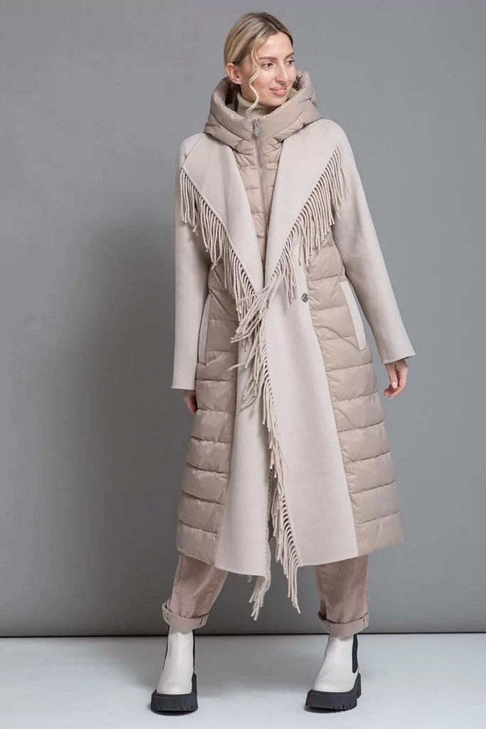 Kennedy Fringe Luxe Down Wool Coat in Beige