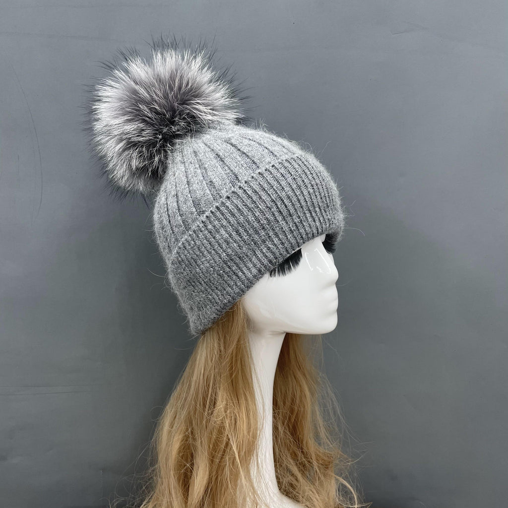 Silver Fox Fur Pom Solid Color Hat