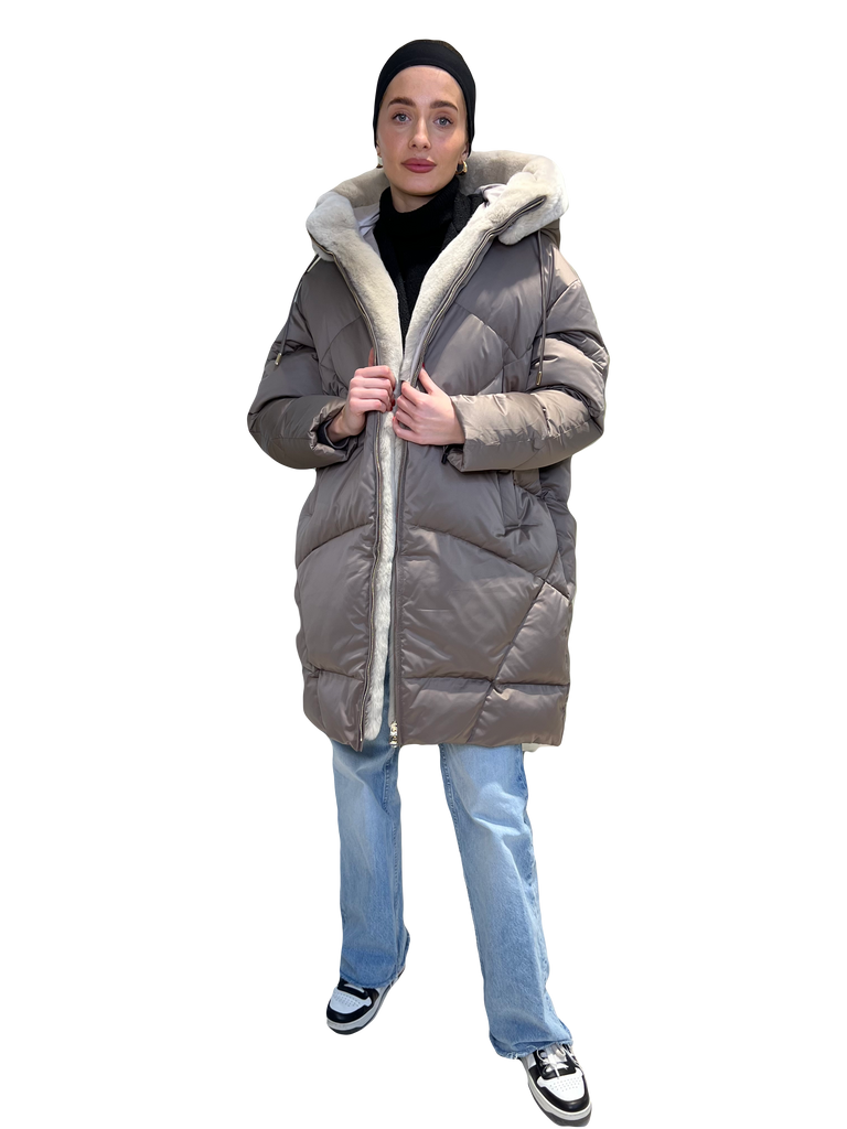 Noemi Genuine Rex Rabbit Down Double Hooded Coat