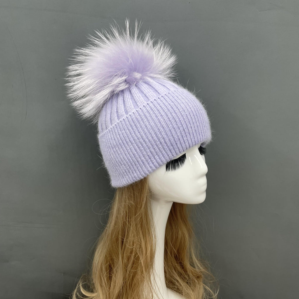 Genuine Fur Pom Solid Color Hat