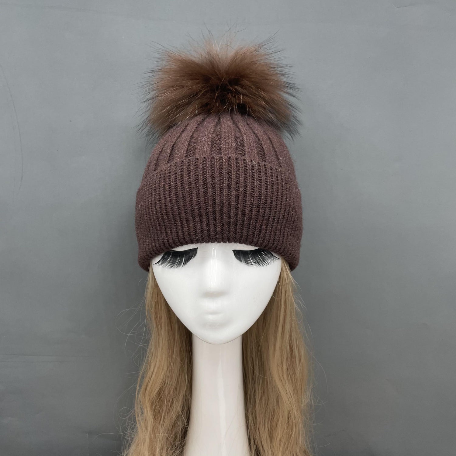 Genuine Fur Pom Solid Color Hat