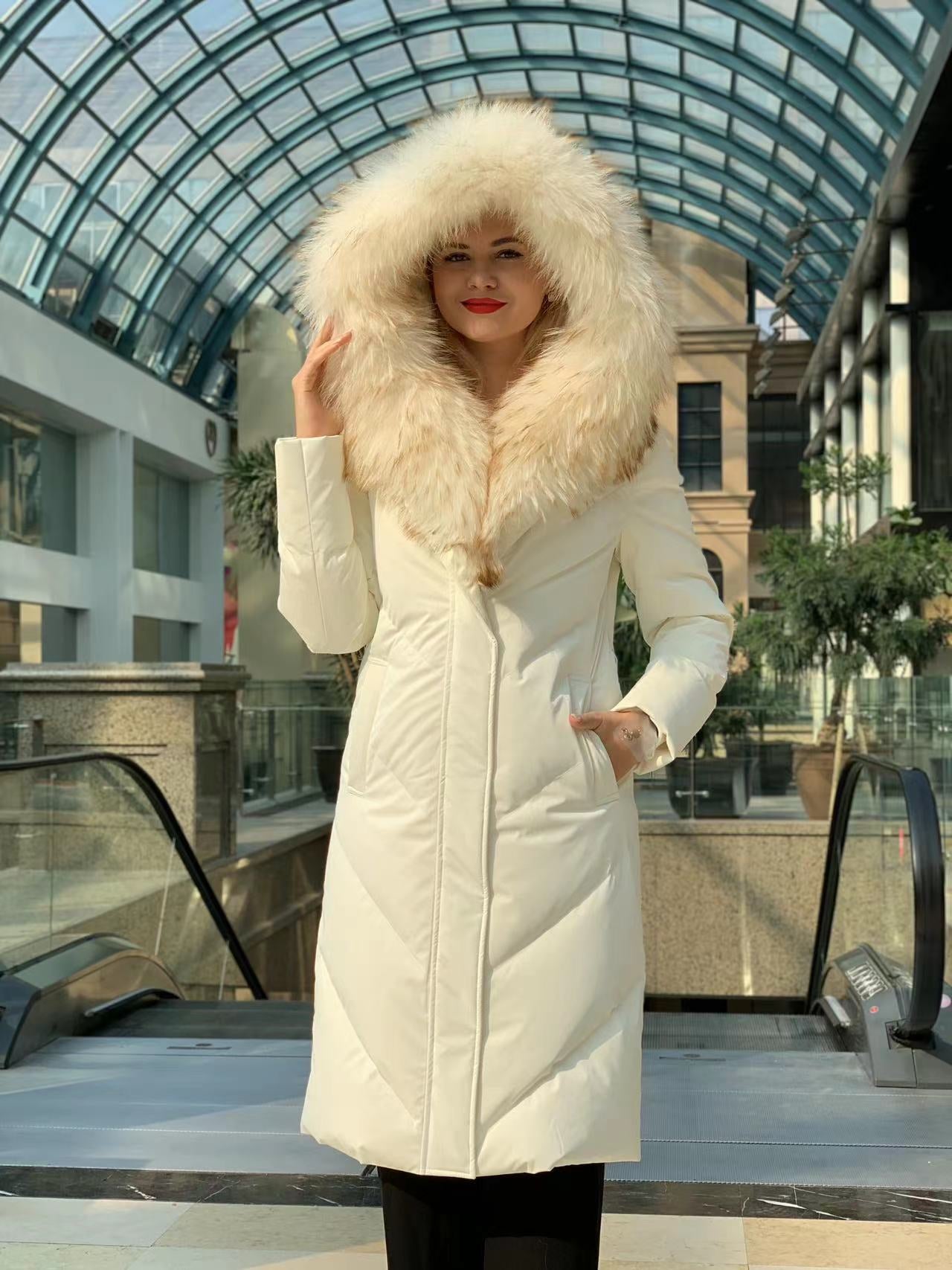 ★HACIE★ BELTED FOX FUR  DOWN LONG PARKA [IVORY][BLACK Fox fur Belted Long Duck Down – Loar US