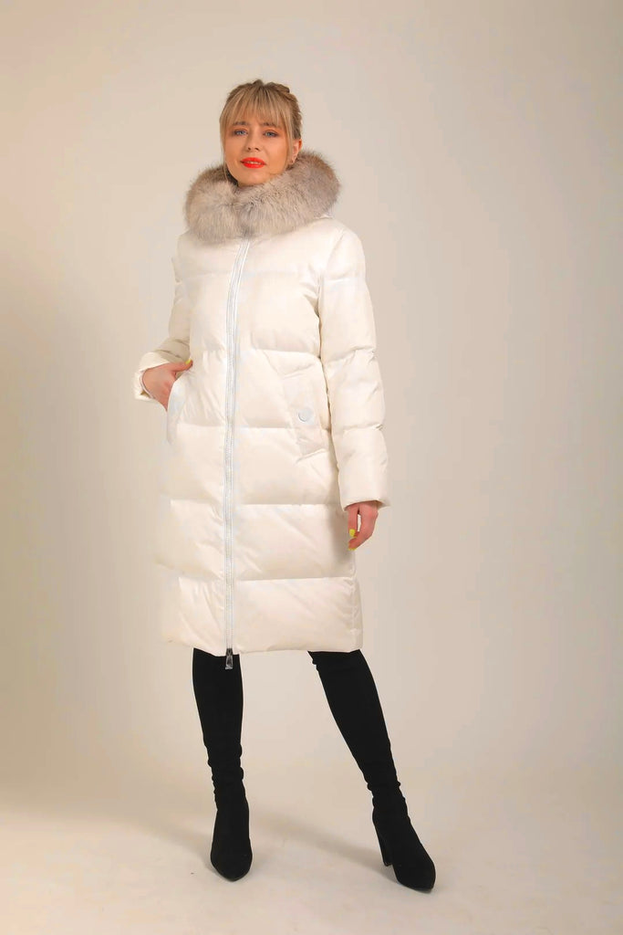 Polar Fox Trim Insulated Winter Coat in Crème