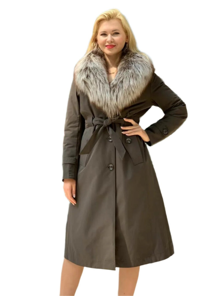 Silver Fox Trim Rabbit Insulated Belted Coat