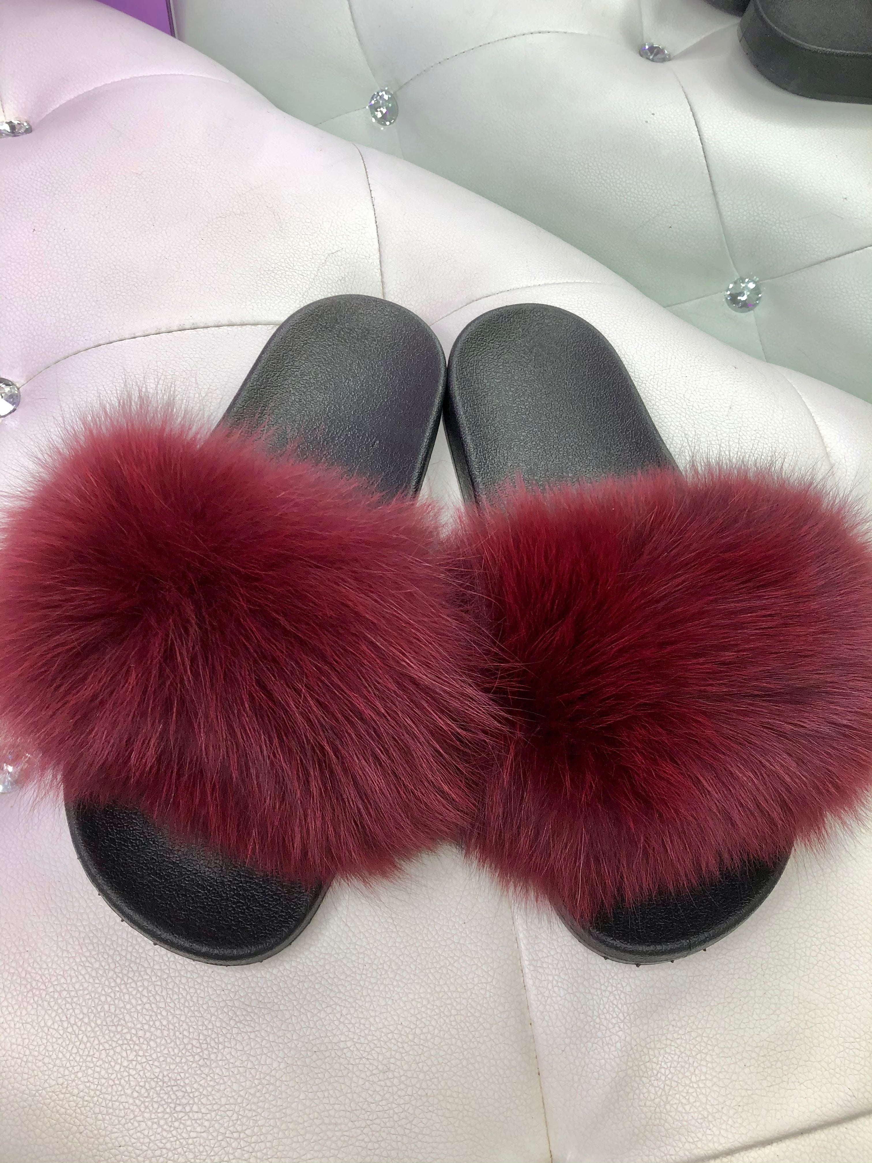 Fox Fur Burgundy Fur Slides Burgundy Real Polar Fox Fur Slippers