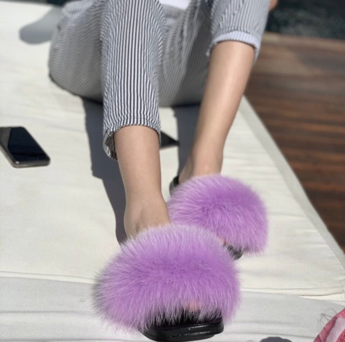 Mauve Real Polar Fox Fur Slippers