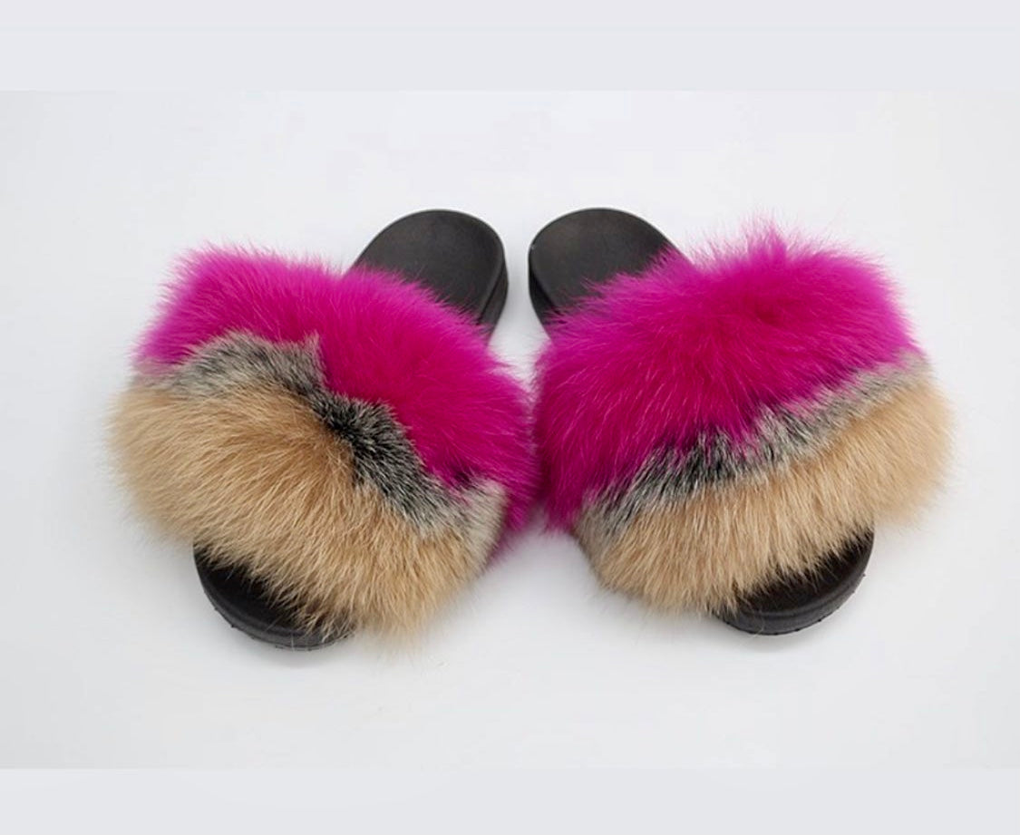 Multicolored Real Polar Fox Fur Slippers