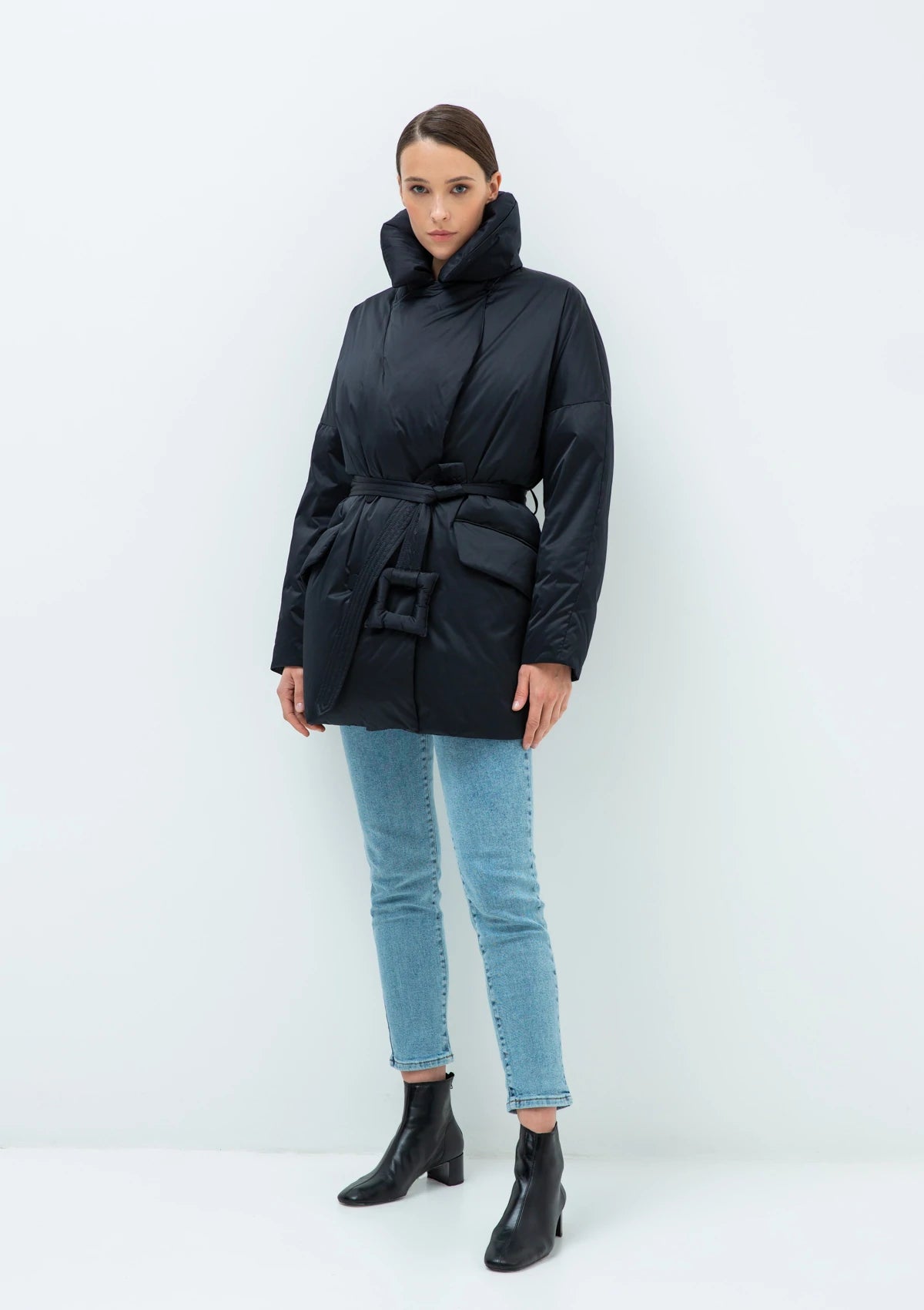 Aria Premium Down Fill Belted Jacket in Black
