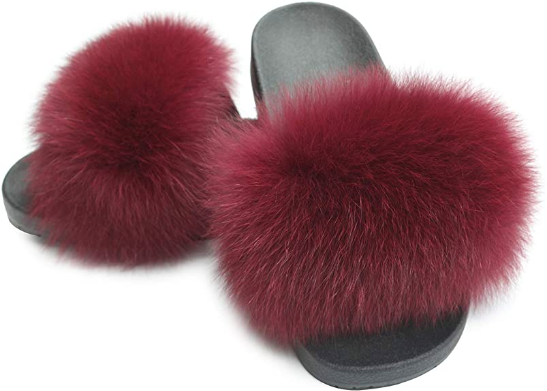 Burgundy Real Polar Fox Fur Slippers