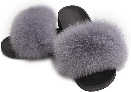 Stone Real Polar Fox Fur Slippers