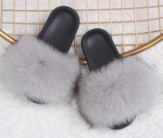 Cloudy Gray Real Polar Fox Fur Slippers
